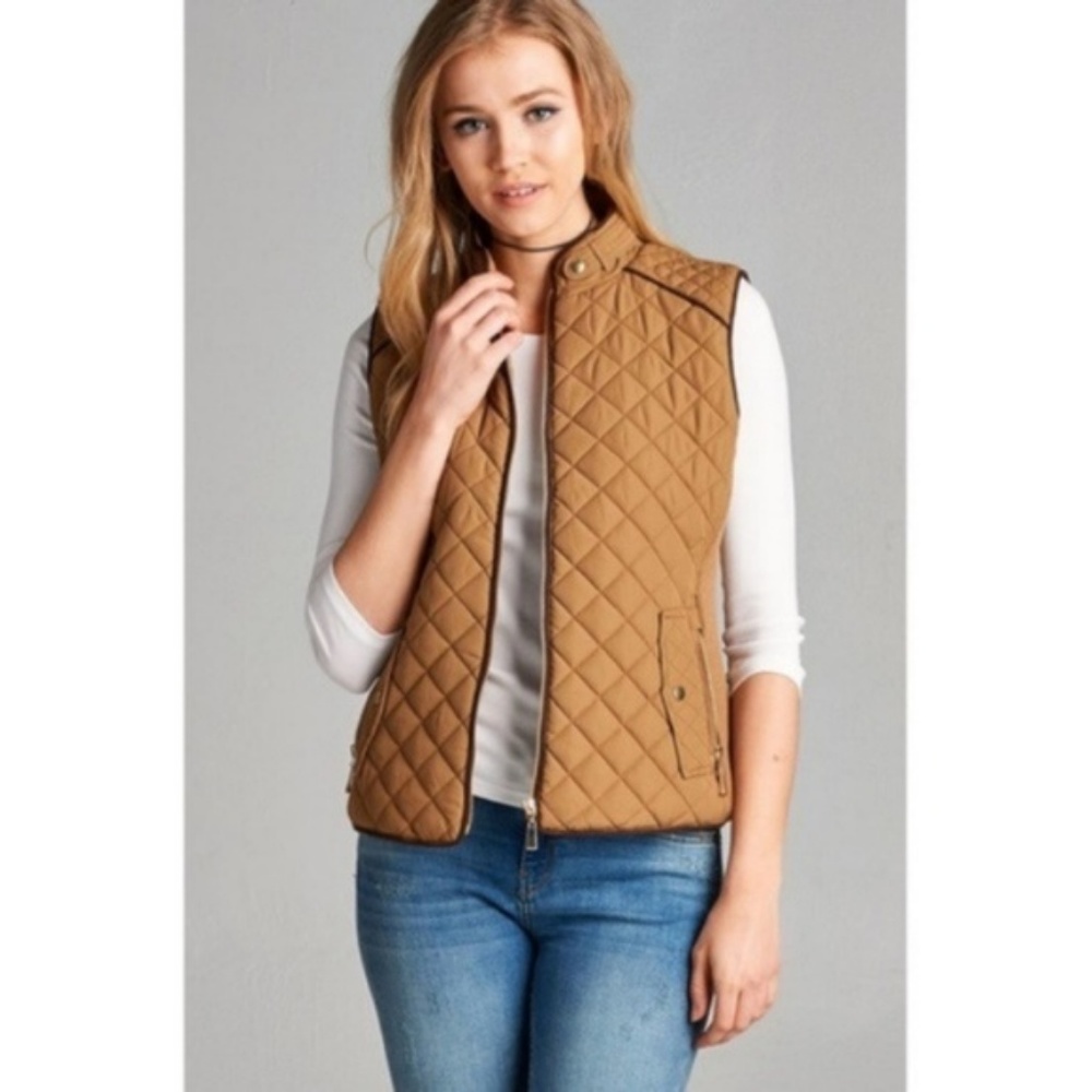 Dark Tan Basic Vest with Suede Piping Detail - Picture 1 of 4